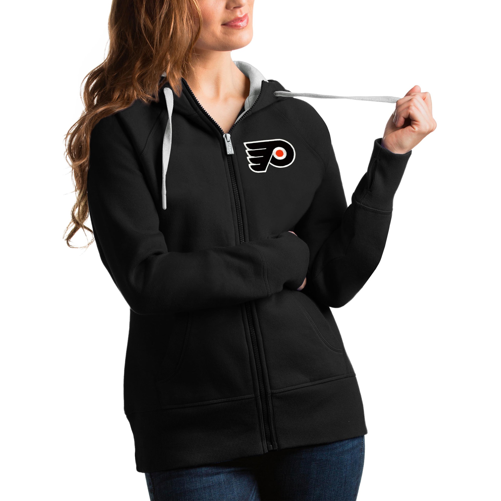 Women's Antigua Black Philadelphia Flyers Team Victory Full-Zip Hoodie